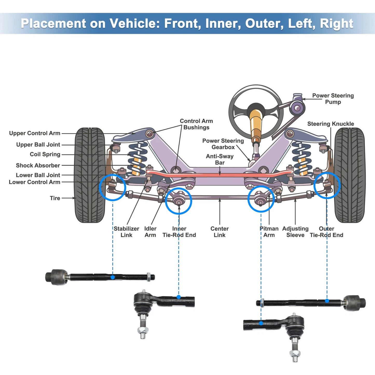 6 x Front Inner/Outer Tie Rod End Links for Dodge Dakota (2005 - 2010)
