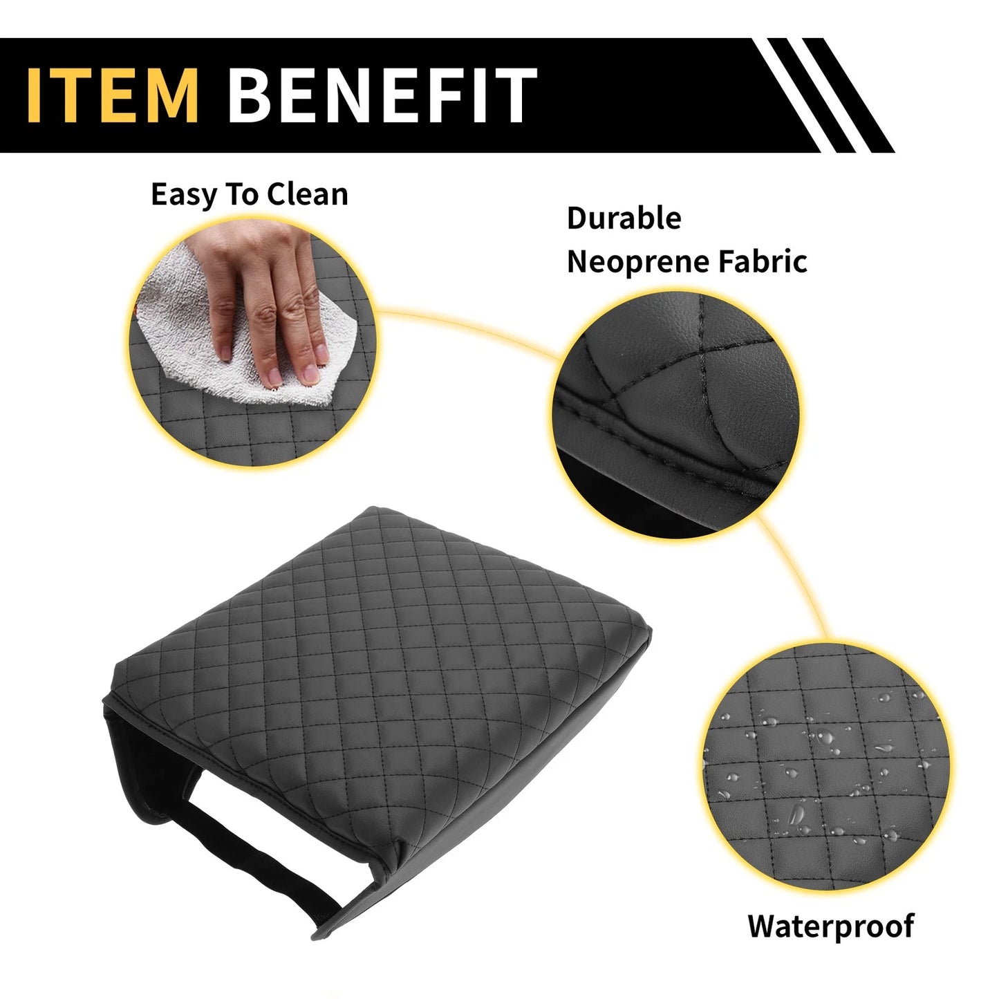 Console Lid Armrest Cover for Ford - Microfiber Leather, Black, Square Pattern