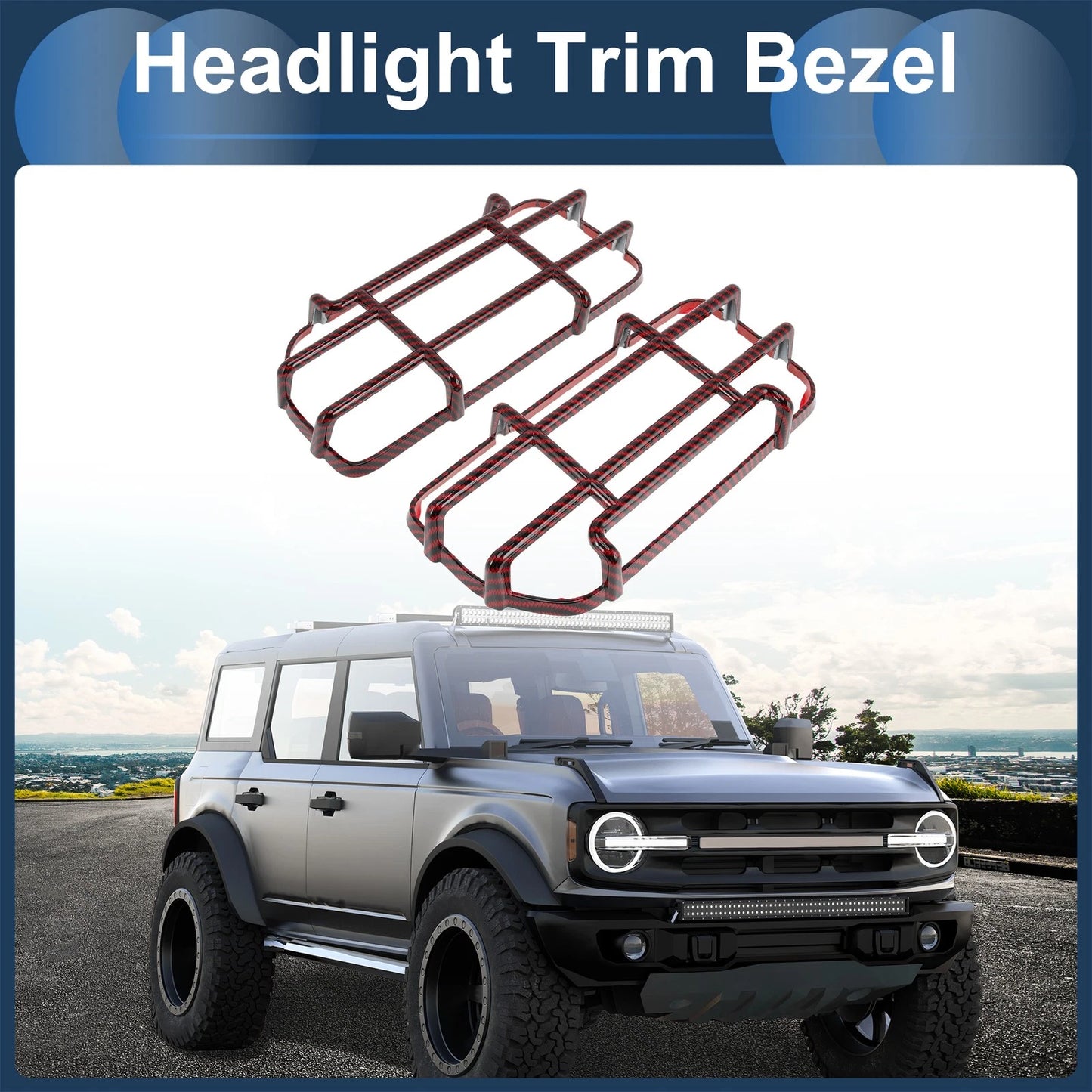 Car Front Left & Right Headlight Trim Bezels for Ford (Carbon Fiber, Red)