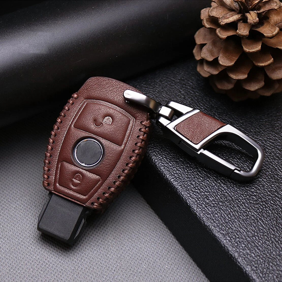 Brown PU Leather Key Fob Cover for Benz A B C E G R Class CLS GL