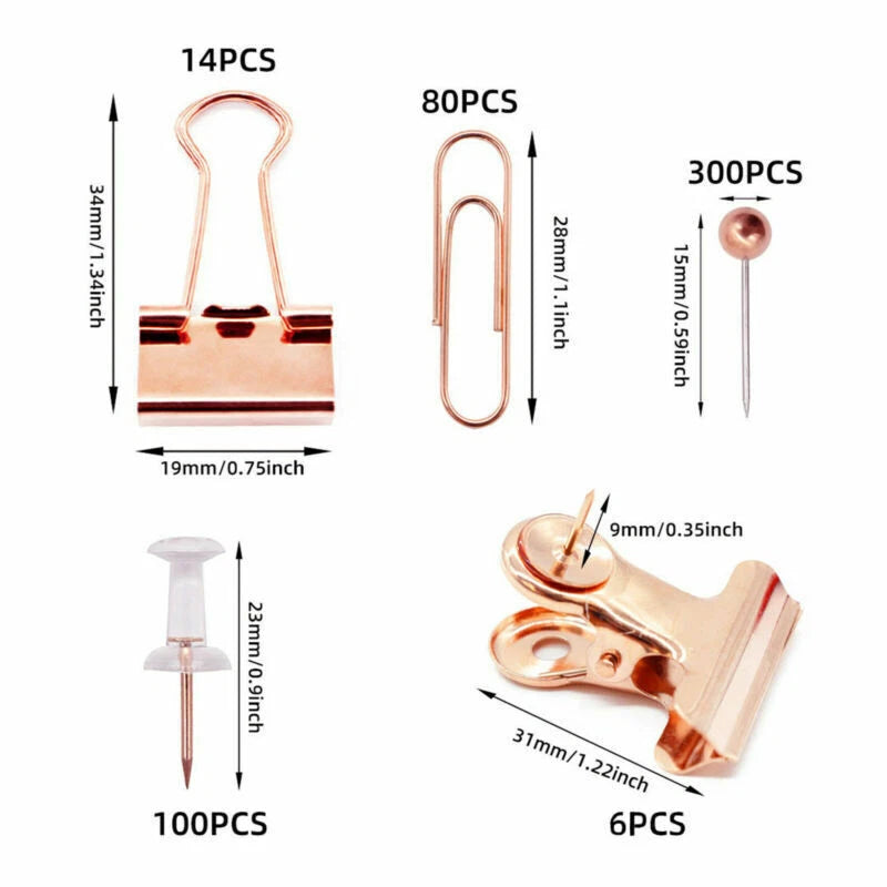 500 x Binder Clips Paper Clips Push Pins Set for Office School Stationery