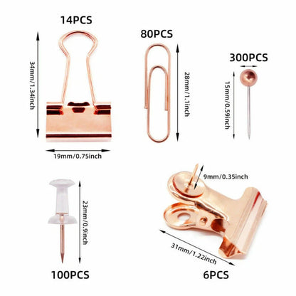 500 x Binder Clips Paper Clips Push Pins Set for Office School Stationery