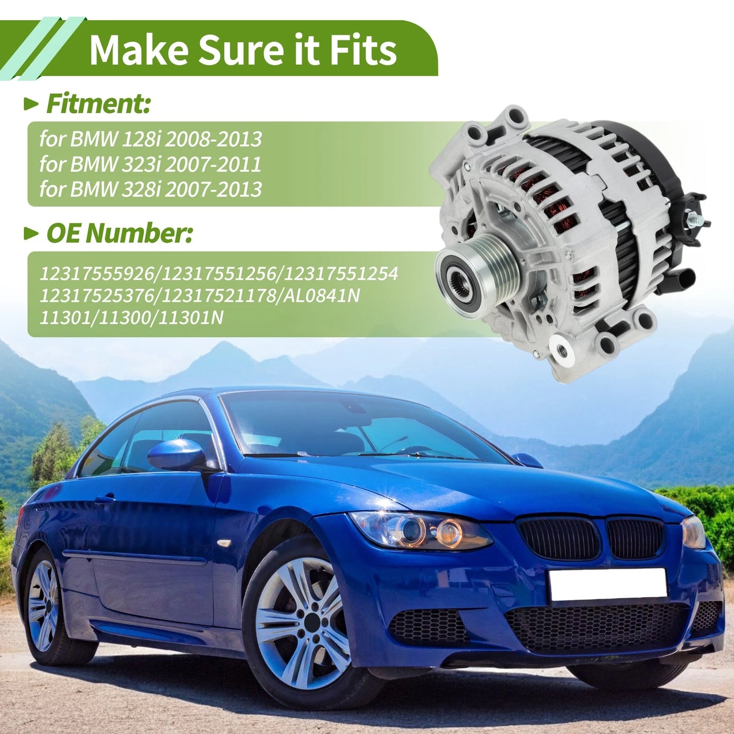 180A 12V High Output Automotive Alternator 1x for BMW 328i (2009)