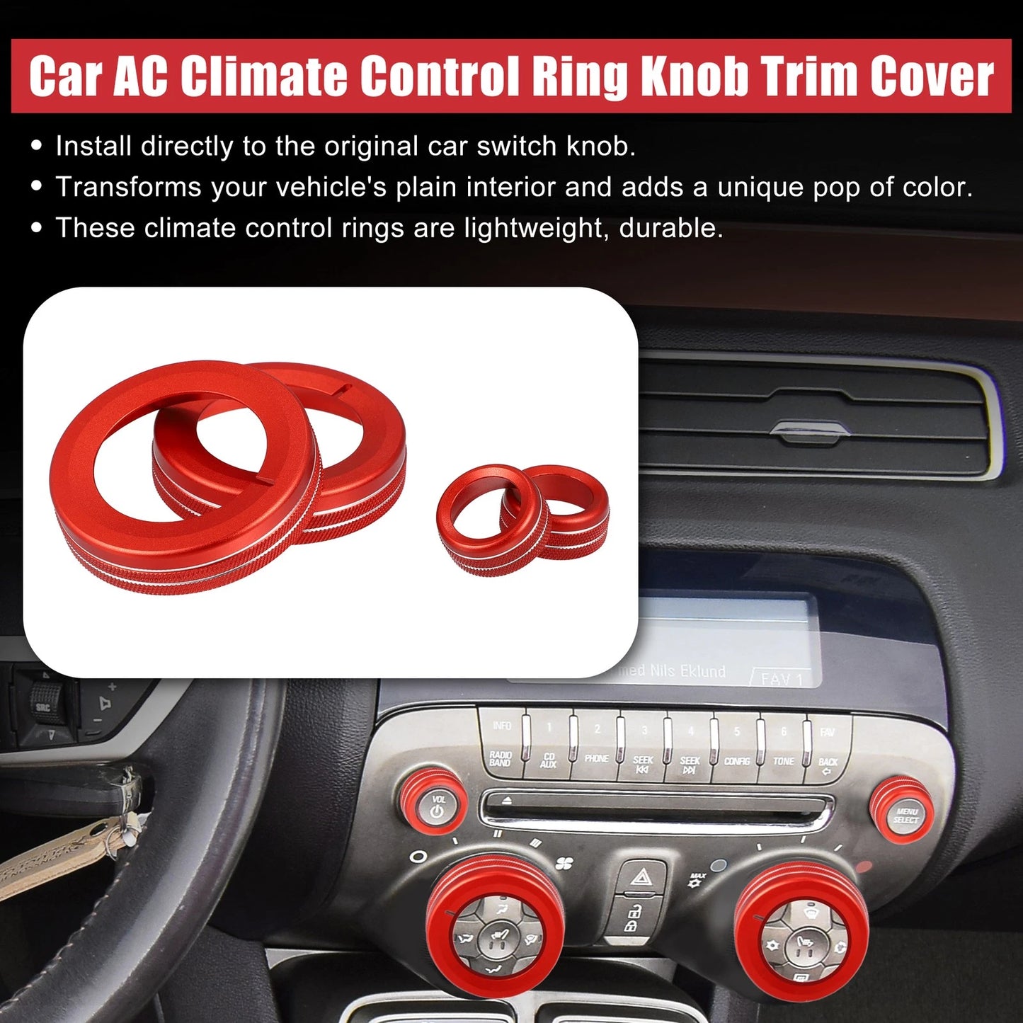 4 x Red Aluminum Alloy Center Control Ring Knob Cover for Chevrolet Camaro