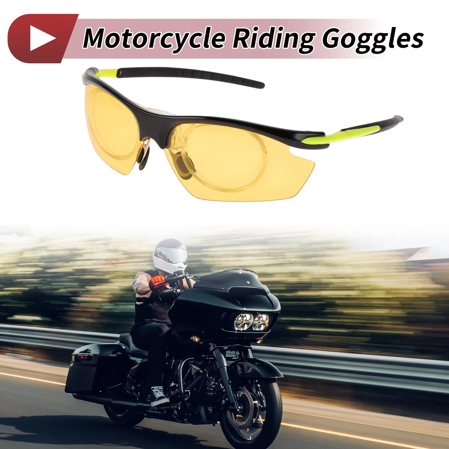 1 Motorcycle Riding Goggles Yellow Lens Black Frame