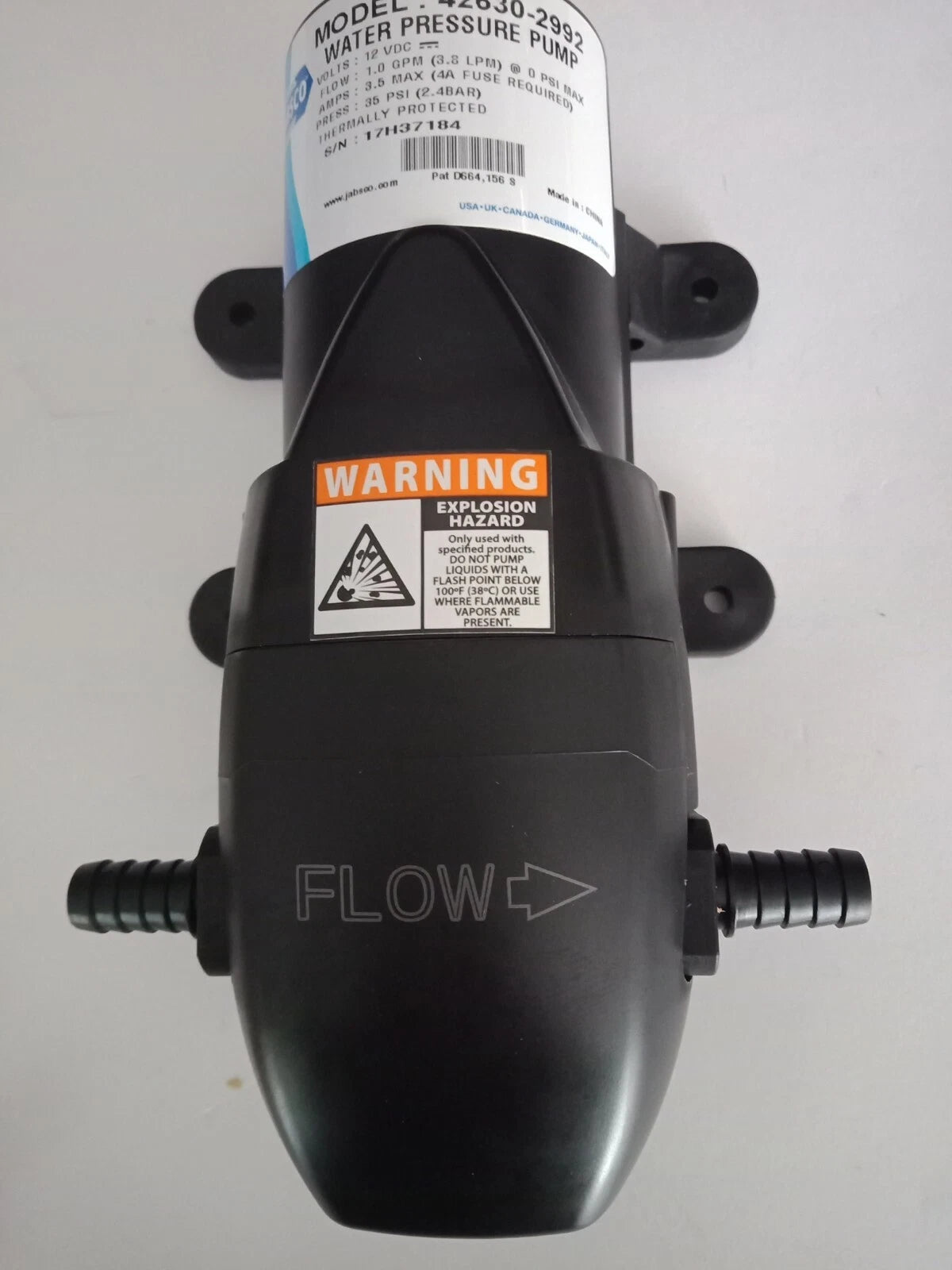 Jabsco ParMax 1 Plus Water Pressure Pump 3.78LPM 12V 3.5A