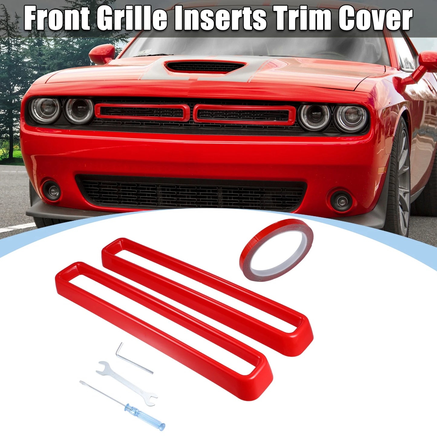 Front Grill Mesh Grille Inserts for Dodge Challenger 2015-2022 Red Trim