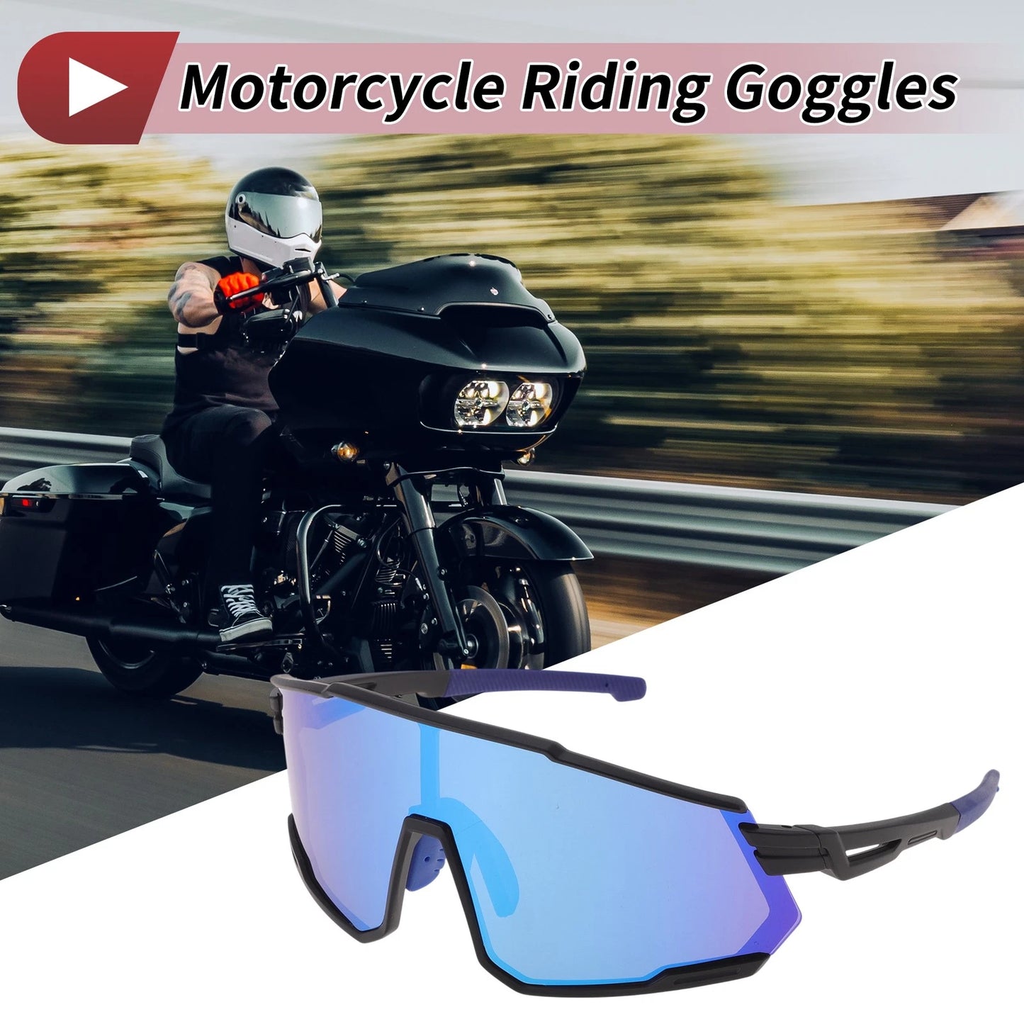 Motorcycle Riding Goggles Blue Lens Black Frame UV400 Cycling Sunglasses