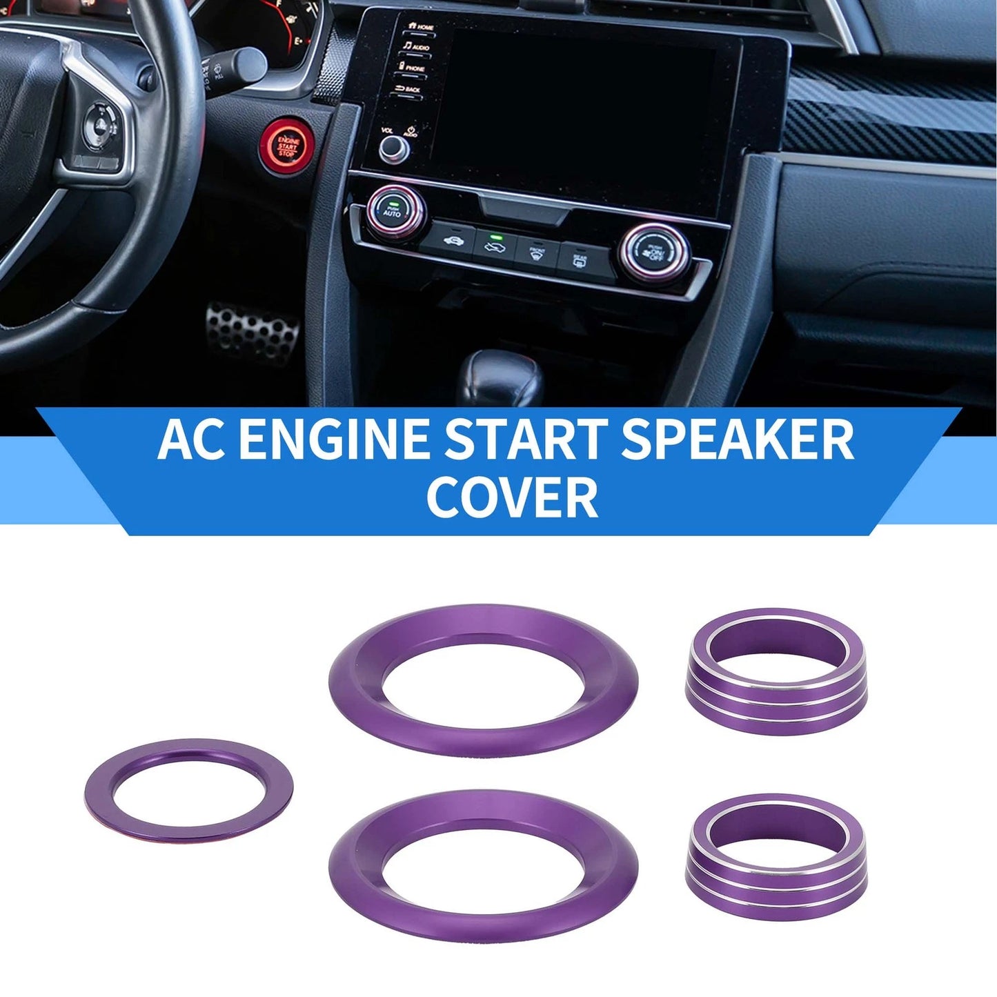 Purple Engine Start Speaker Knob Cover Ring for Honda Civic (2016-2021) 5 Pcs
