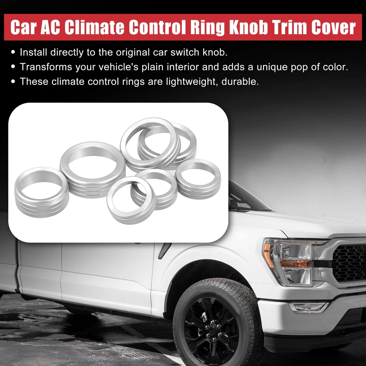 7 x Silver Tone AC Climate Control Knob Covers for Ford F-150 (2021-2022)