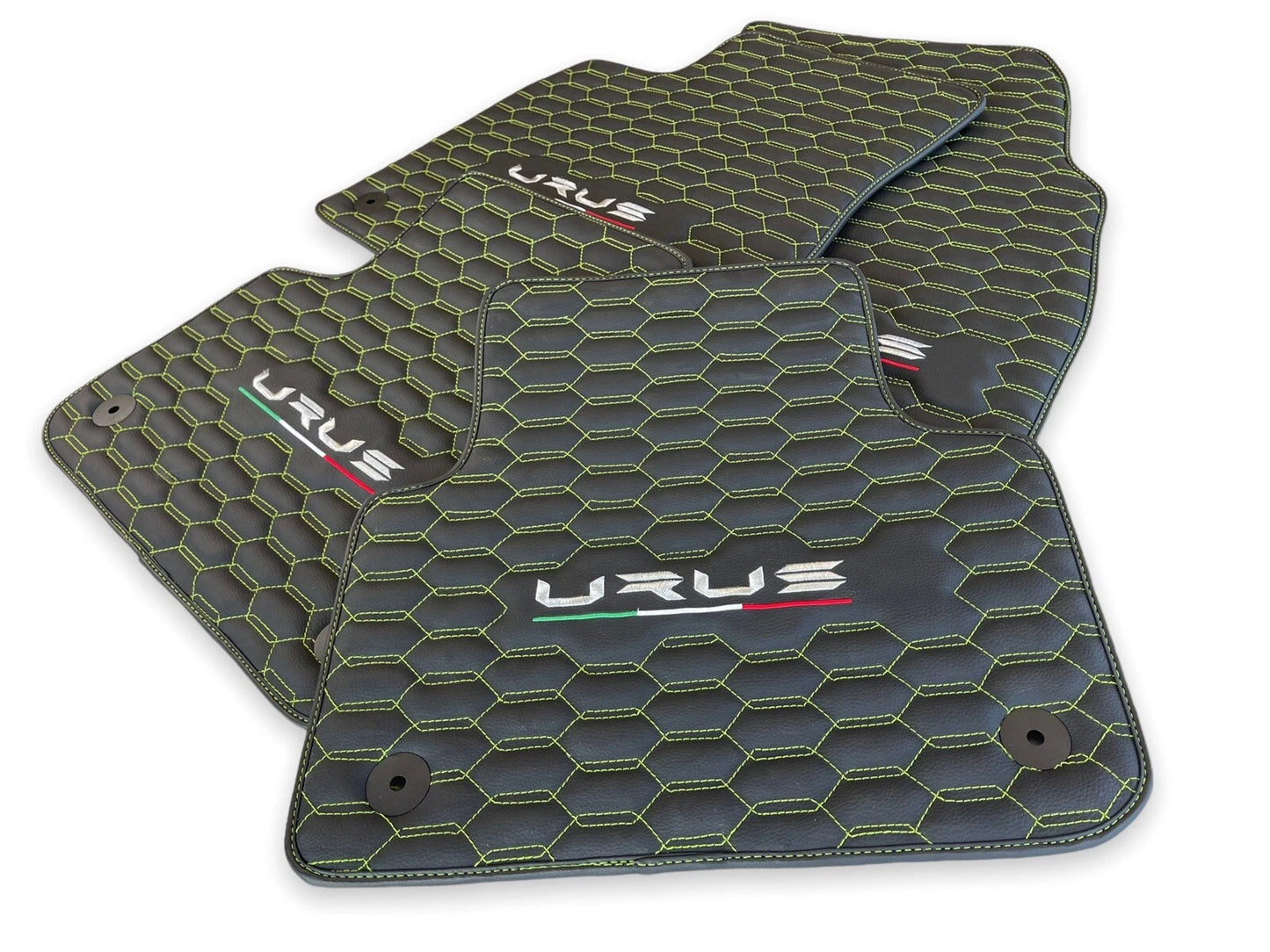 Leather Floor Mats for Lamborghini URUS 2018-2024 Black with Green Stitching