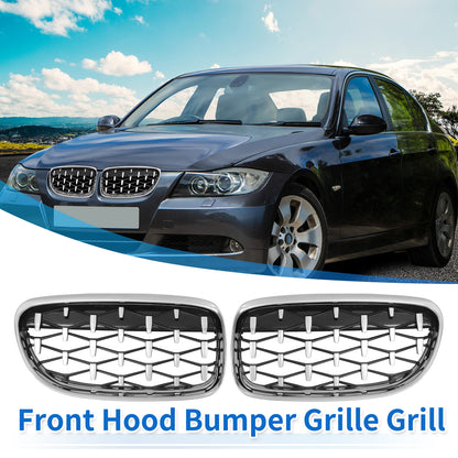 Front Hood Bumper Grille for BMW 335d 328i 335i E90 (2006-2013) - Silver Tone Pair
