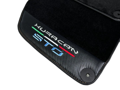Black Floor Mats for Lamborghini Huracan STO (2020-2023) - Carbon Fiber Leather Orange