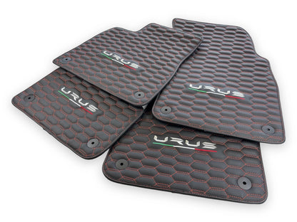 Leather Floor Mats for Lamborghini URUS 2018-2024 Black with Red Stitching
