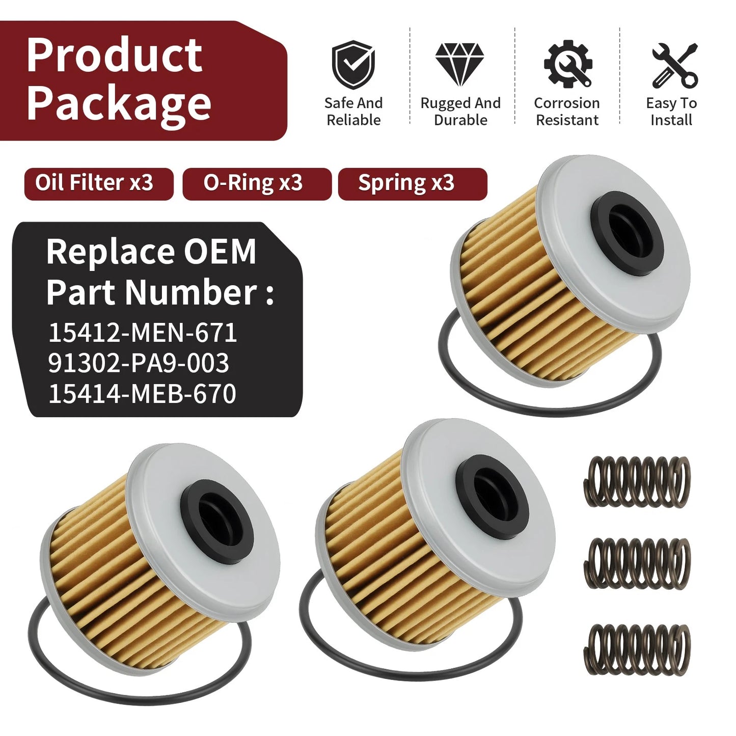3 Pack Oil Filter O-Ring Spring Kit for Honda TRX450ER 2006-2014