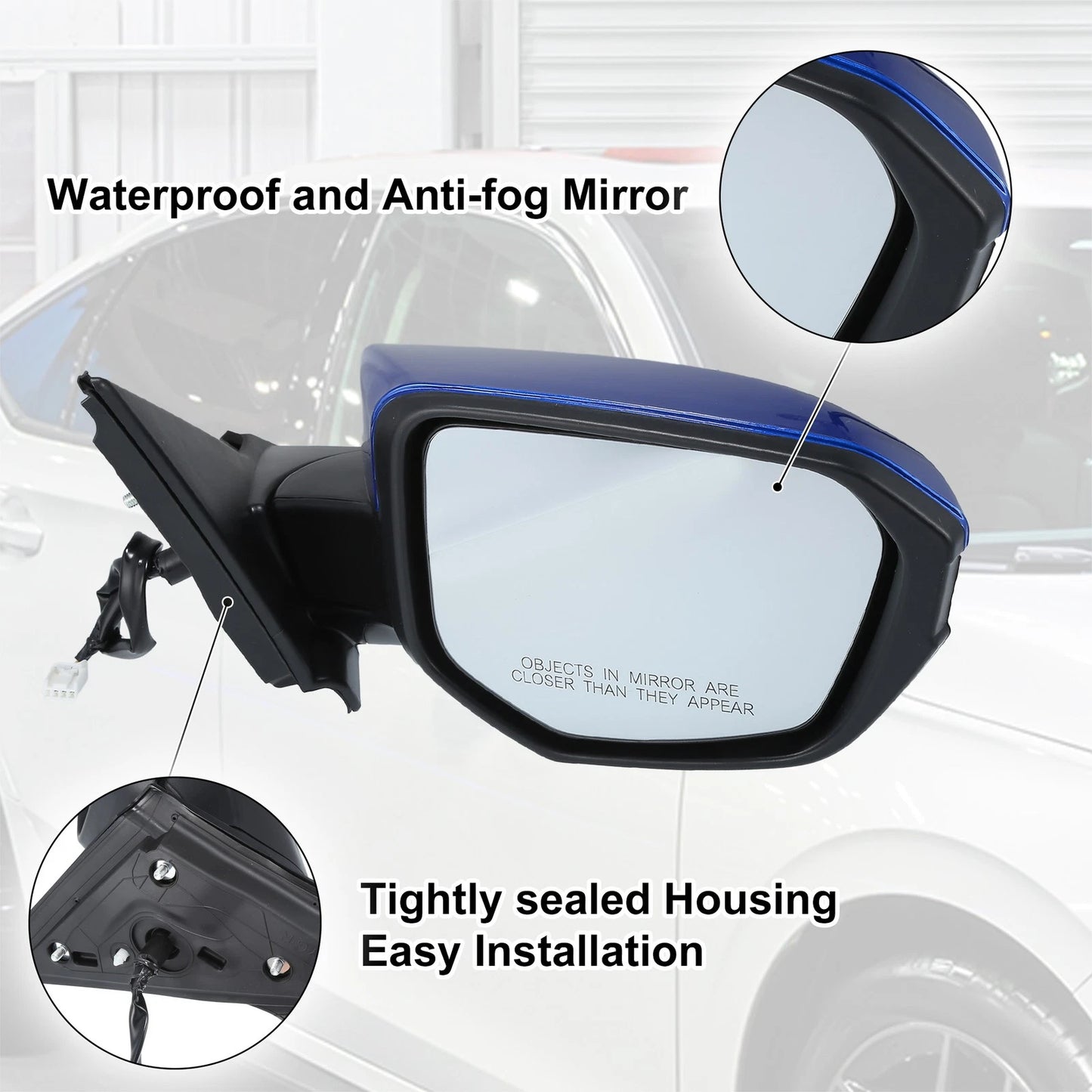 3 Pin Right Side Exterior Door Mirror Assembly Blue for Honda Civic (2016-2021)