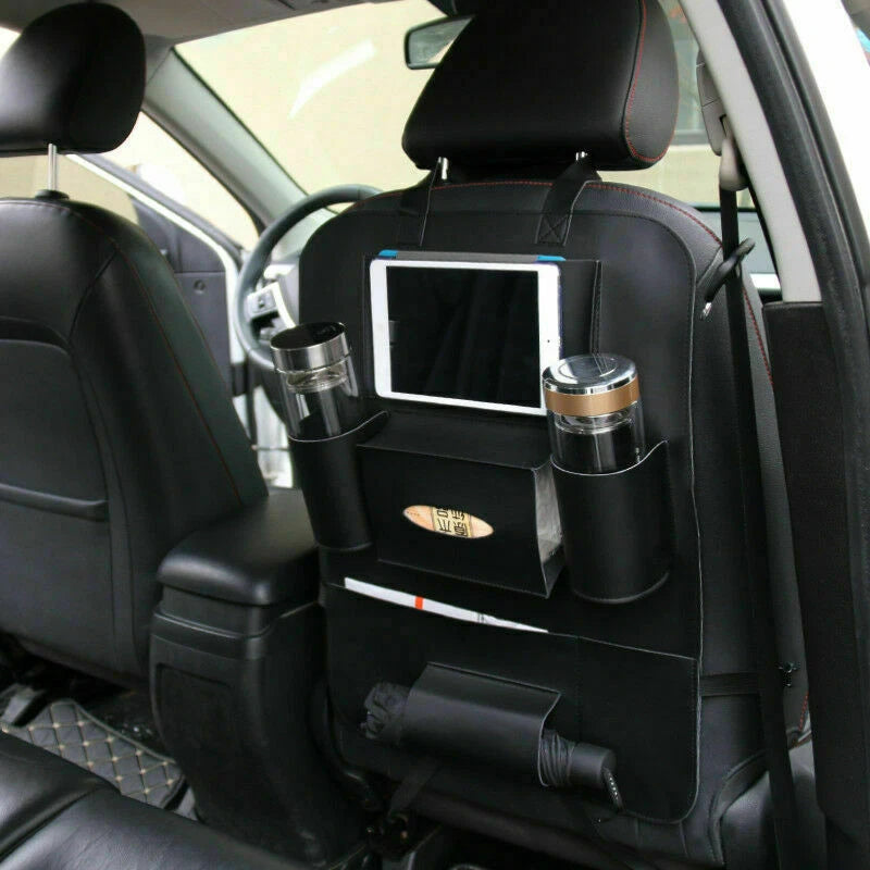 Back Seat Organizer Bag for Car - PU Leather Travel iPad Holder (Fits Most Cars)