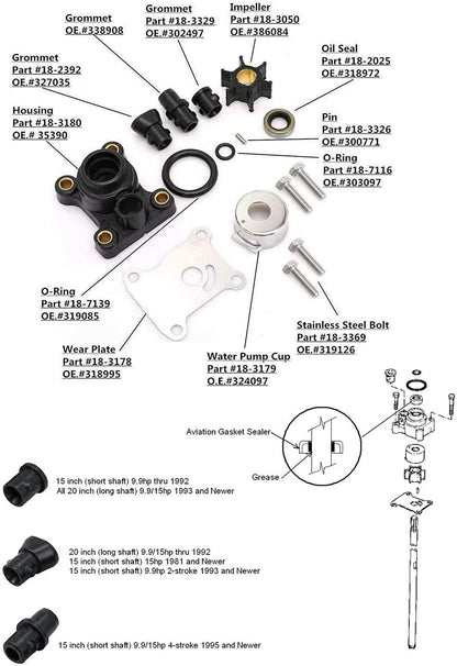 Water Pump Impeller Kit for Johnson/Evinrude 9.9/15HP Outboard