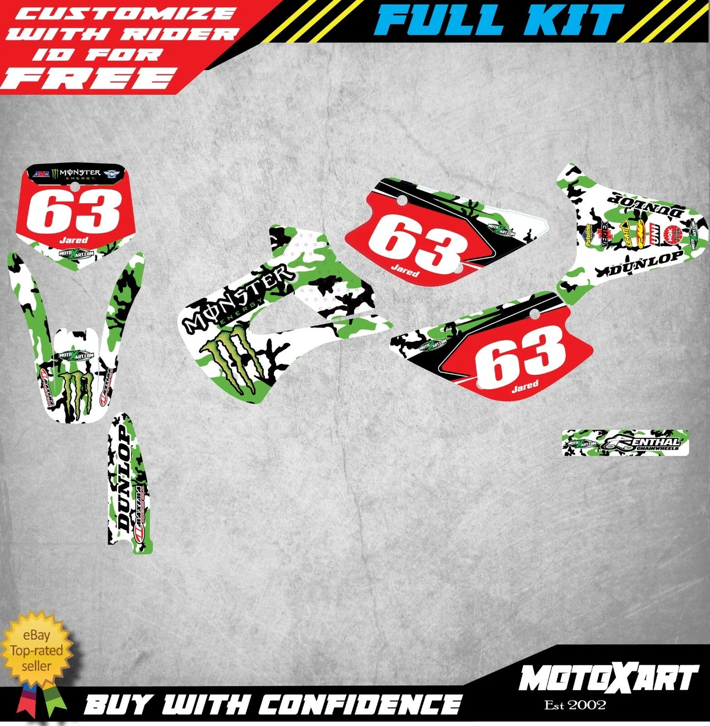 Custom Graphics Full Kit for Kawasaki KX 85 CAMO Style Stickers (1998-2013)