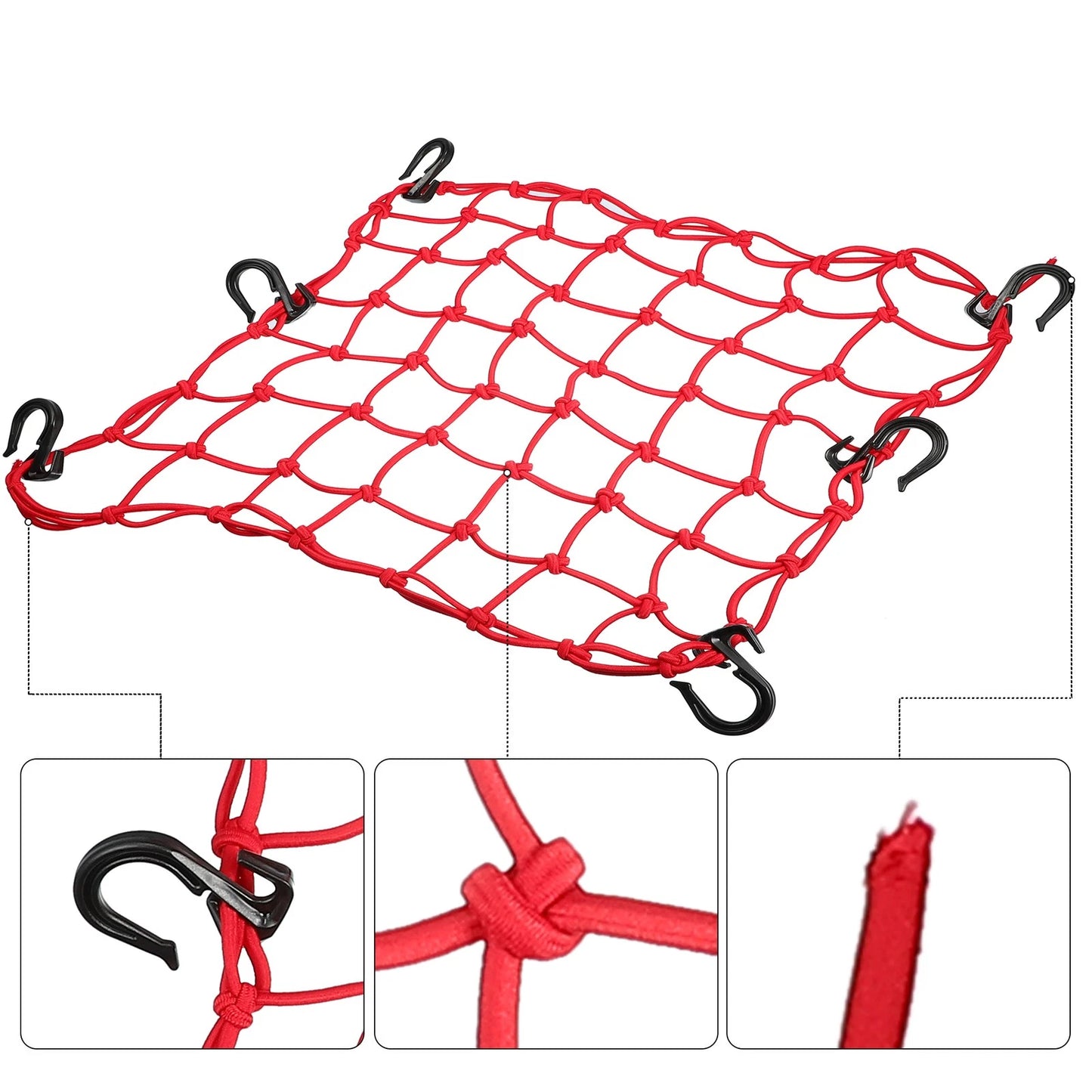 1 Pcs 40x40cm 49 Holes Motorcycle Luggage Net Bag with 6 Hooks Red for Bike