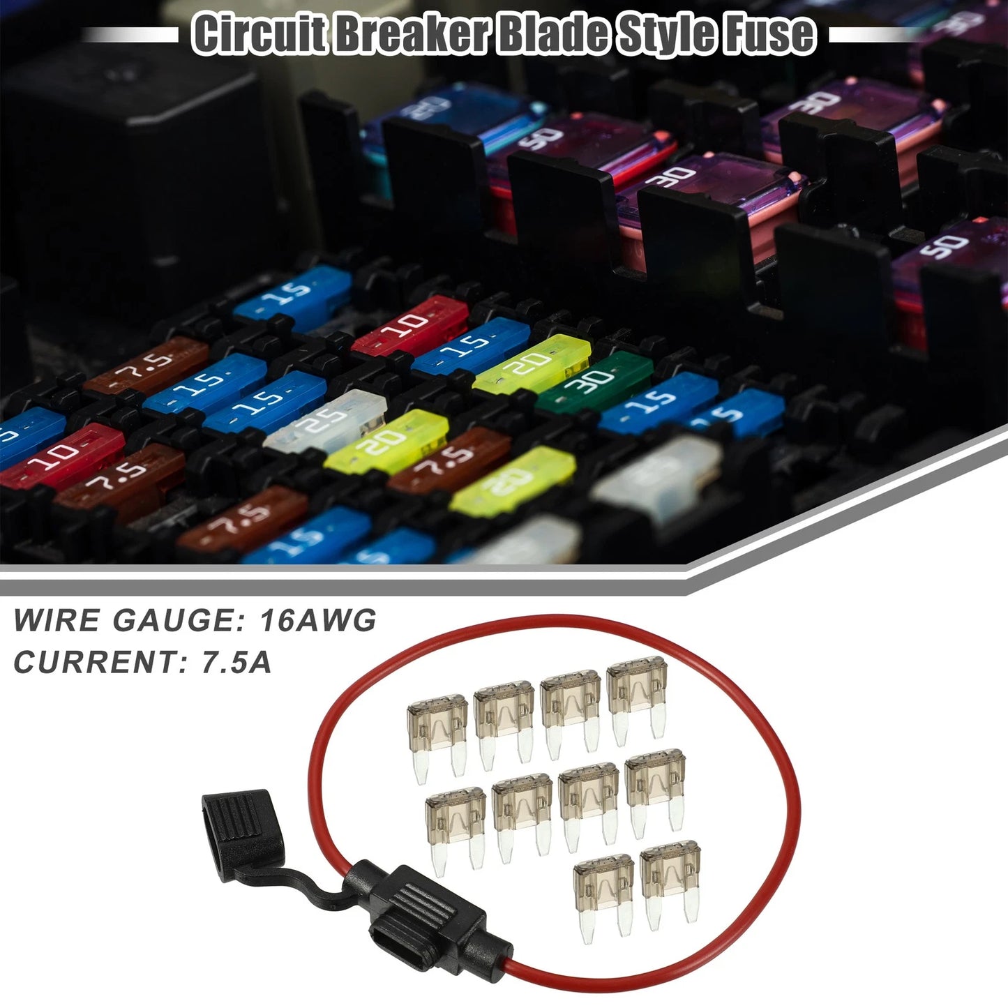 7.5A Mini Blade Style Fuse Set with 16 AWG Holder for Car