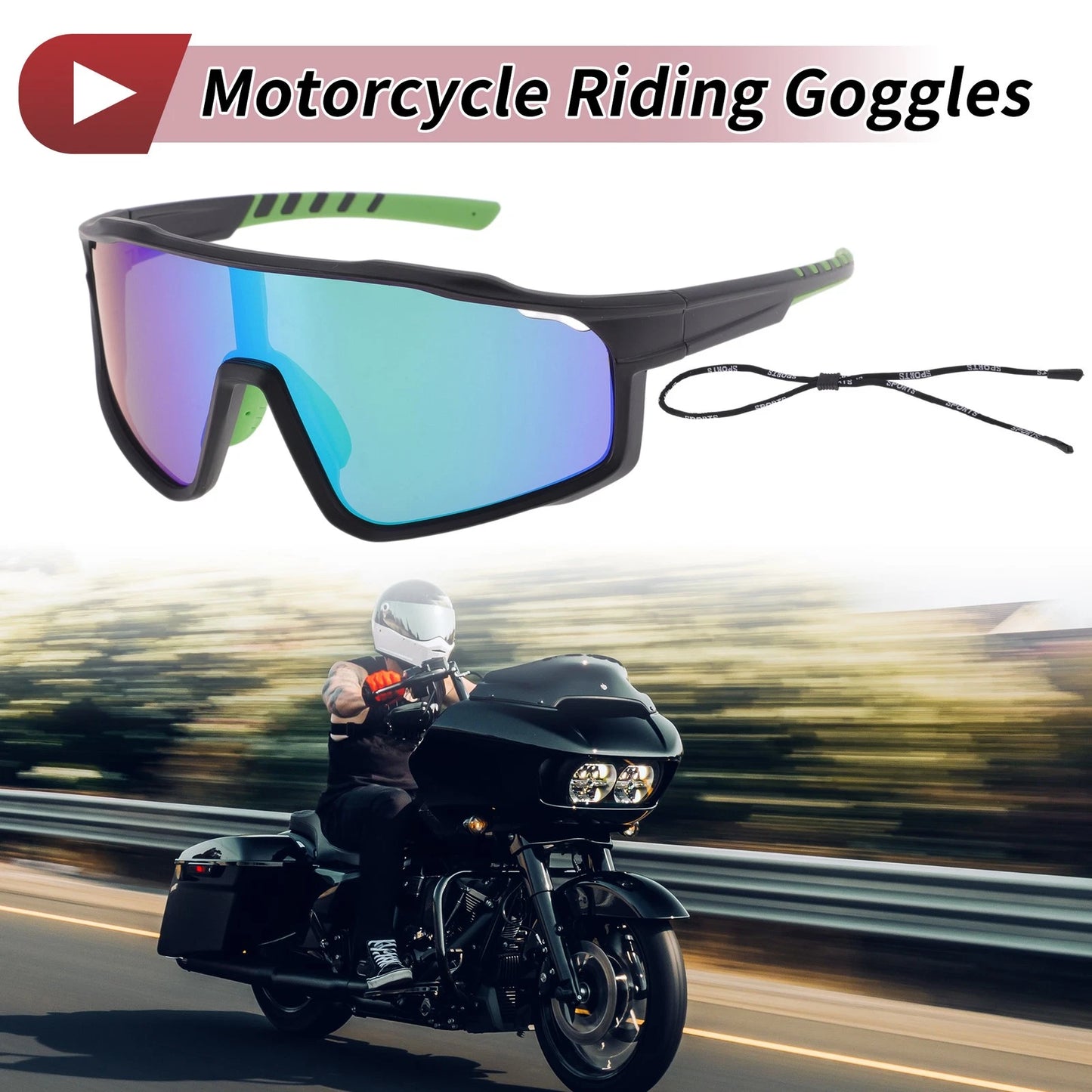 Goggles for Motorcycle Riding Green Lens Black Frame Tri-Acetyl Cellulos UV400