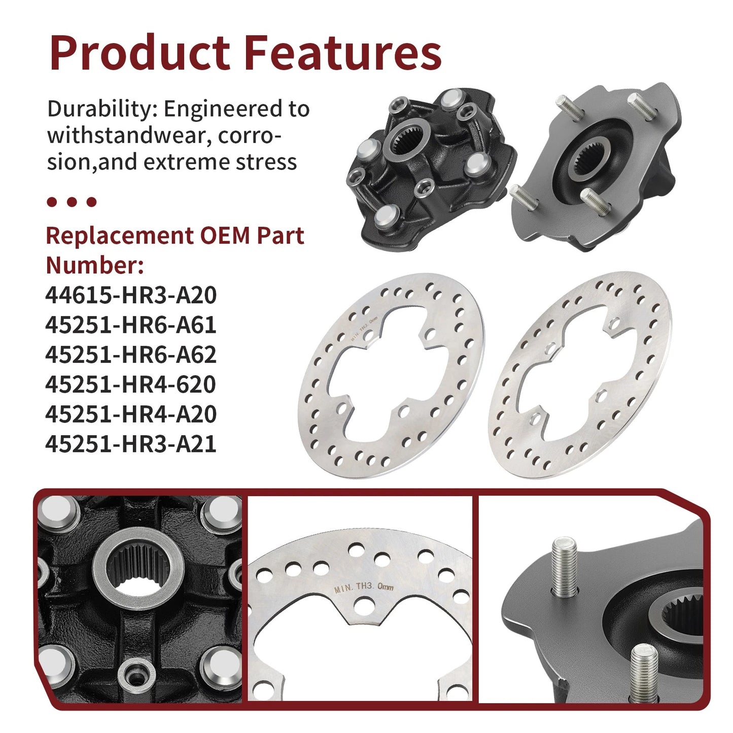 Front Wheel Hub & Brake Disc for Honda Foreman Rubicon 500 TRX500FA/FM 15-19