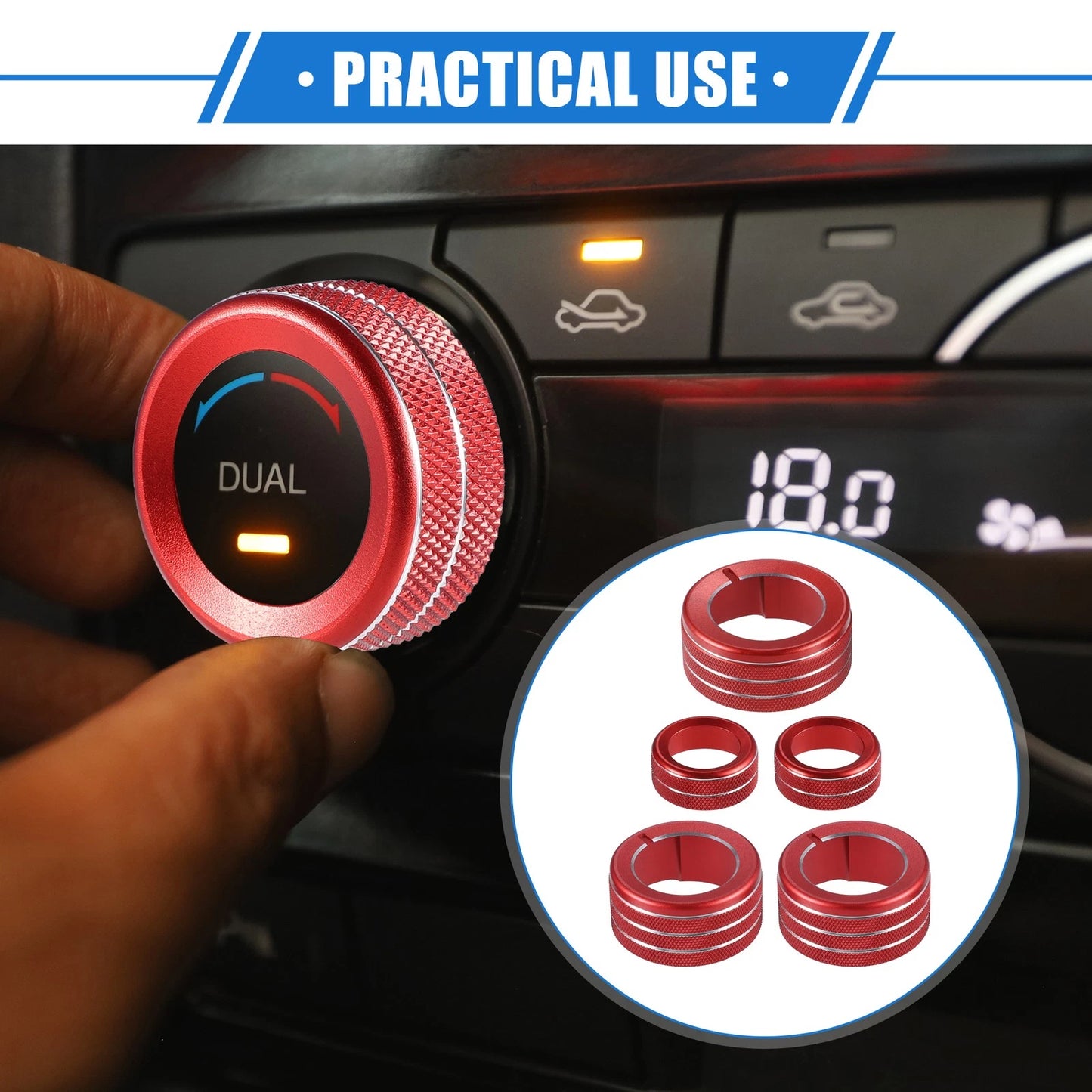 5 Pcs Red AC Climate Control Knob Rings for Toyota 4Runner (2010–2022)