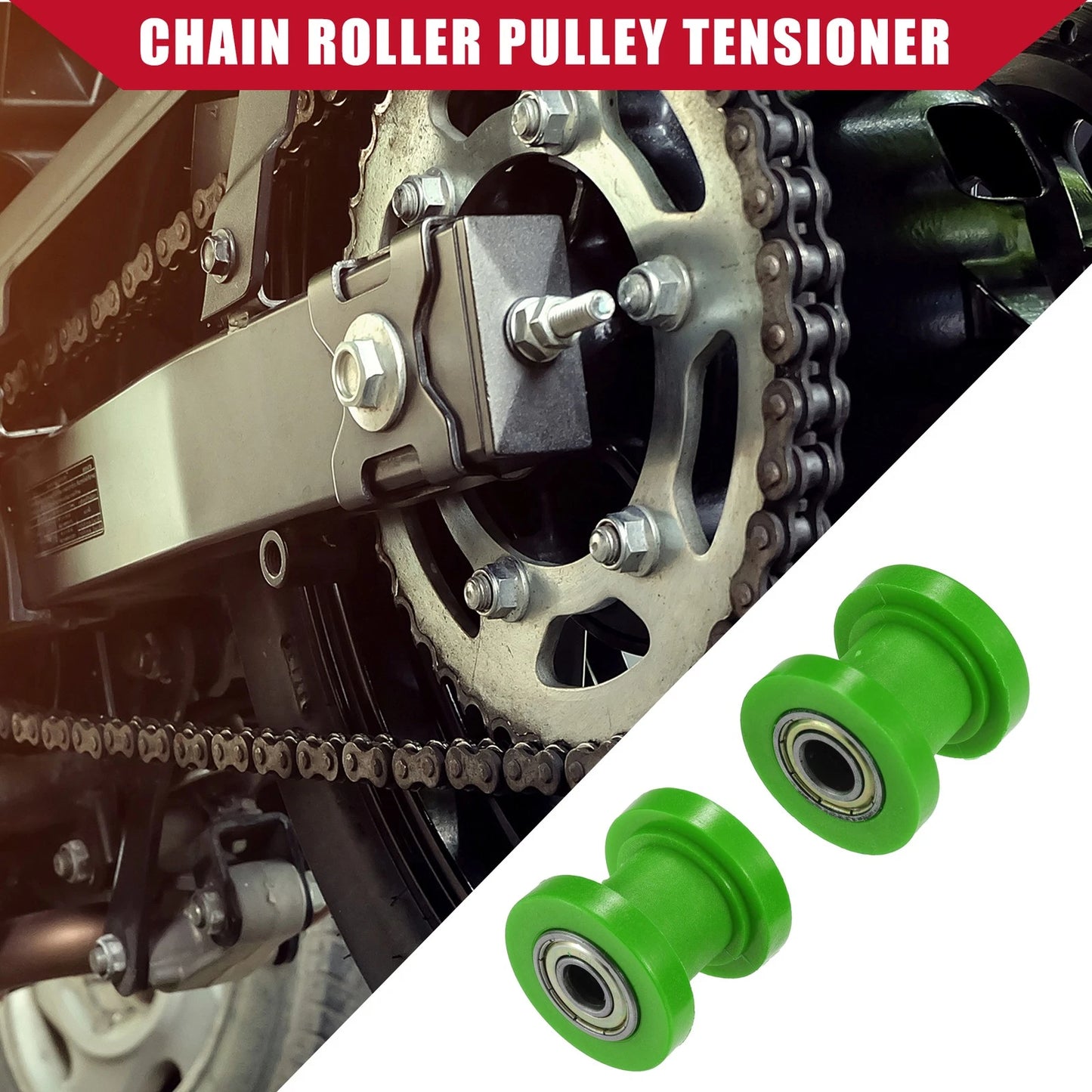 2 x Set 8mm 10mm Chain Roller Pulley Tensioner for Motorcycle Mini Bike Green