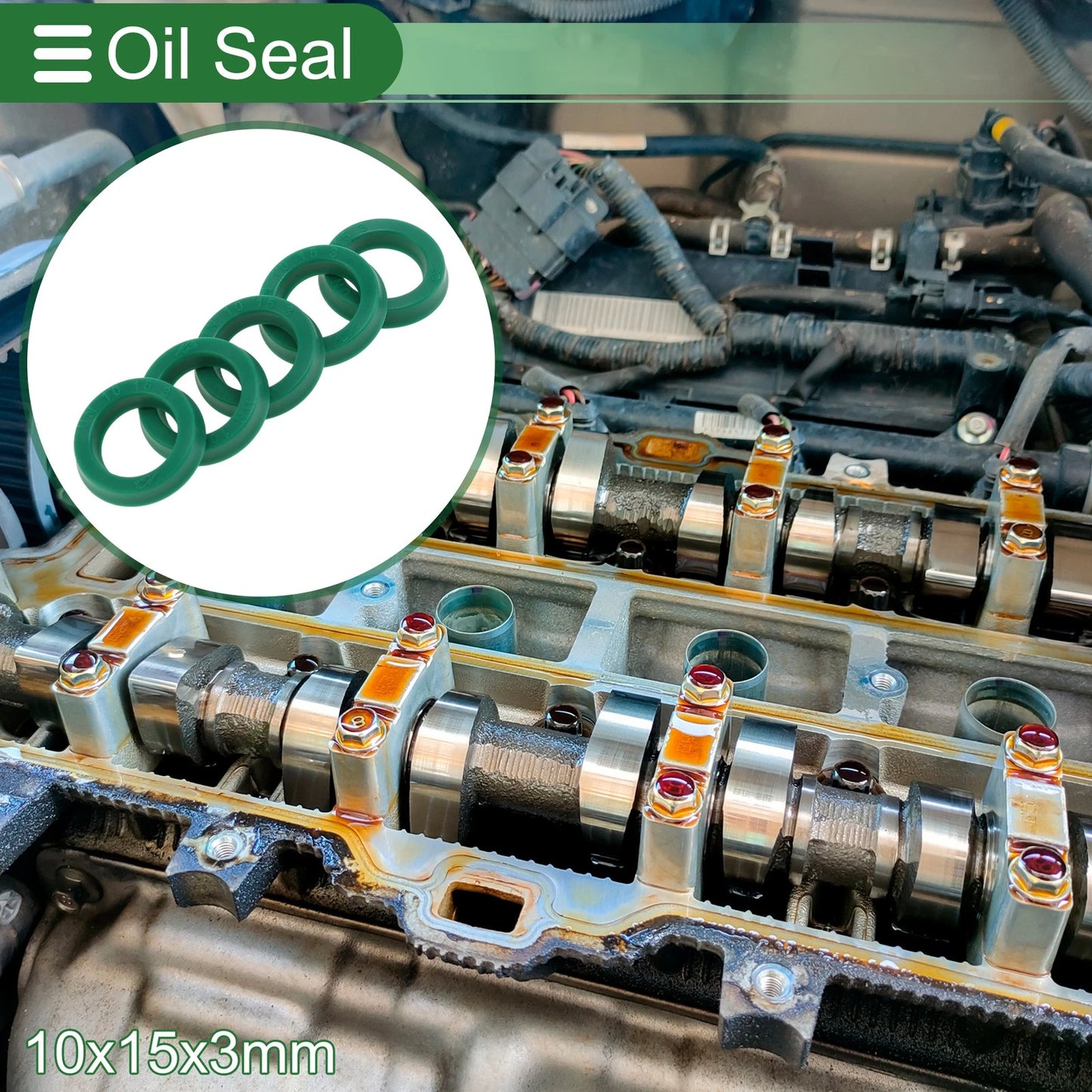 Oil Seal Seal Ring Rotary Shaft Seal TPU 10x15x3mm High Pressure Green 5 Pcs