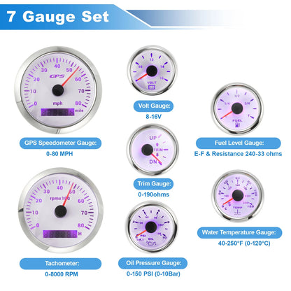 Boat 7 Gauge GPS Speedometer Tacho Fuel/Temp/Oil/Volt/Trim for Marine Car