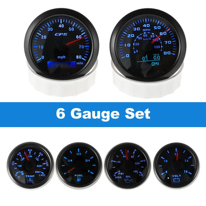 6 Gauge Set GPS Speedometer Tacho Fuel/Temp/Oil/Volt for Marine Boat Car Black