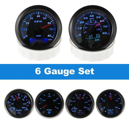 6 Gauge Set GPS Speedometer Tacho Fuel/Temp/Oil/Volt for Marine Boat Car Black