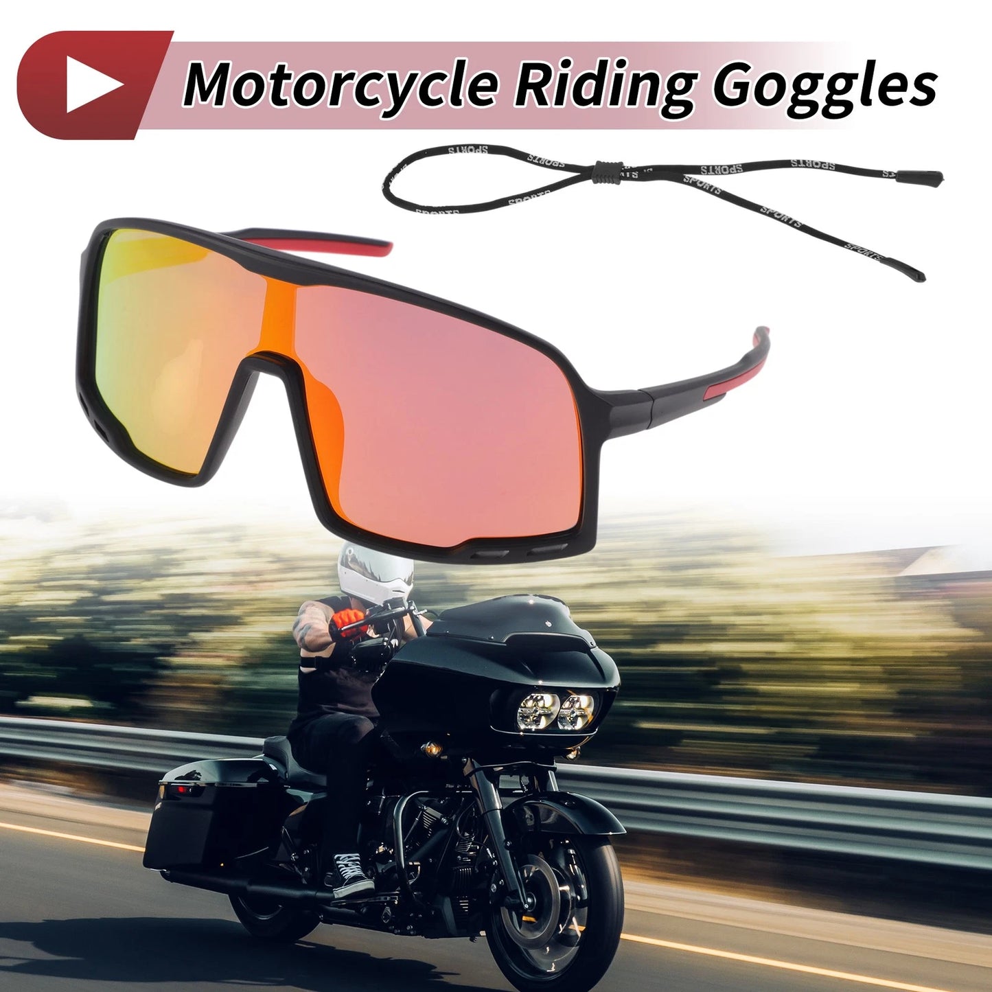 Set Motorcycle Riding Goggles Red Lens Black Red Frame PC UV400