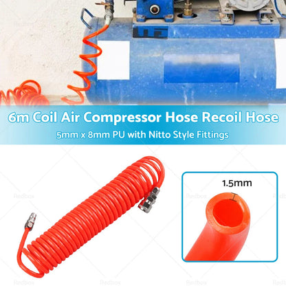 6m PU Coil Air Compressor Hose 5mm x 8mm with Nitto Fittings