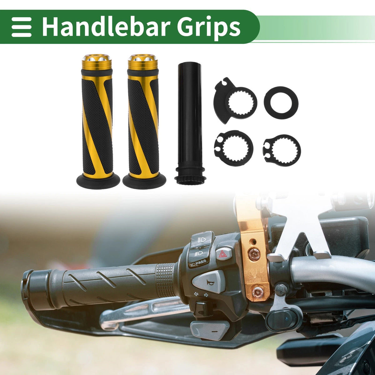 7/8 22mm Hand Grips Cover Kit for Motorcycle Rubber Black Gold Tone
