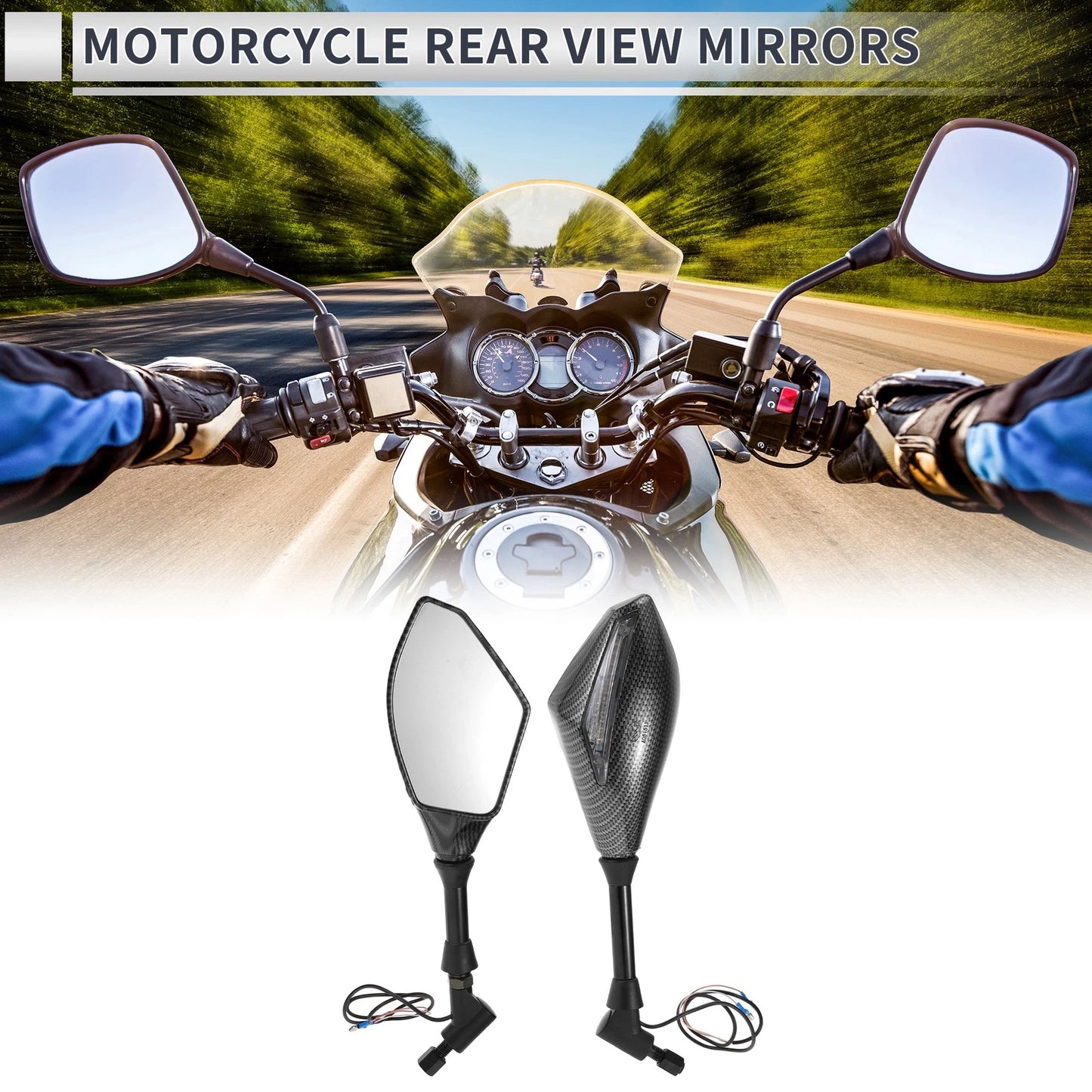 M10 / Rear View Mirrors / Motorcycle Handlebar Carbon Fiber Pattern Black