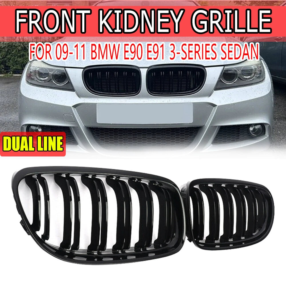 Gloss Black Front Kidney Grilles for BMW 3 Series E90 E91 (2008-2011)