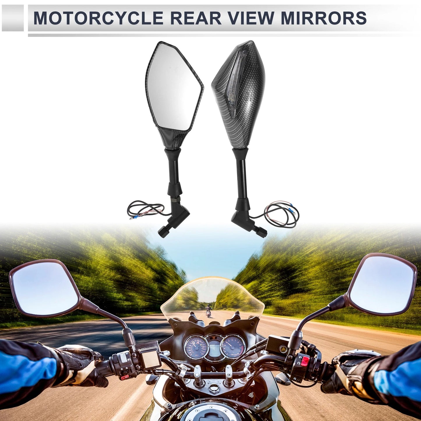 M10 / Rear View Mirrors / Motorcycle Handlebar Carbon Fiber Pattern Black