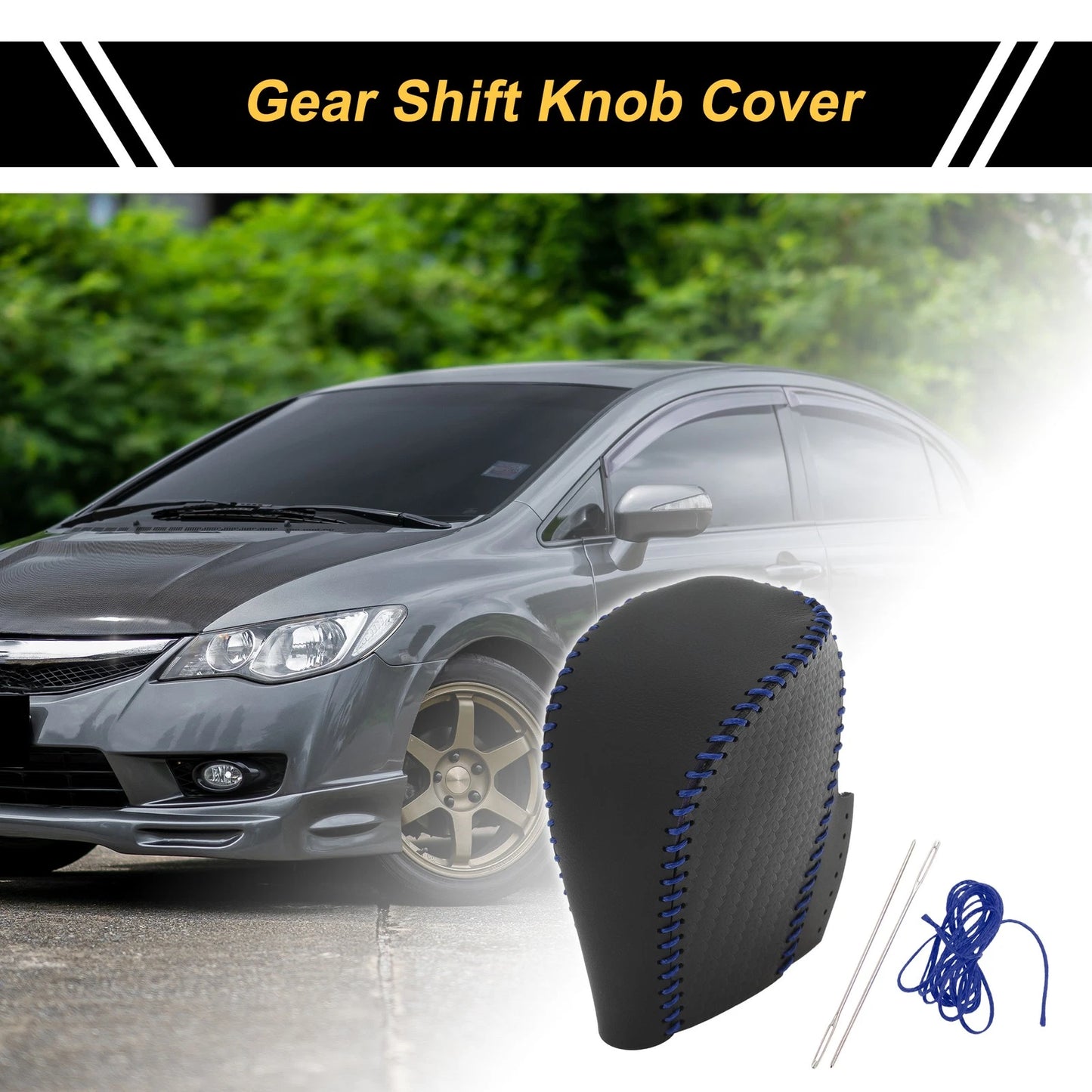 Car Gear Shift Knob Cover 1 Pc for Honda Civic (2016-2021) Black Blue Faux Leather