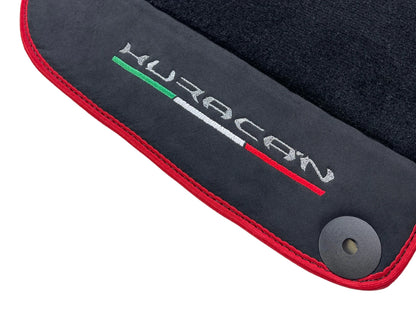 Black Floor Mats for Lamborghini Huracan with Alcantara Leather & Red Trim
