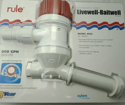 Livewell Baitwell Pump 800 GPH for Rule, Angled Cartridge, Dual Port