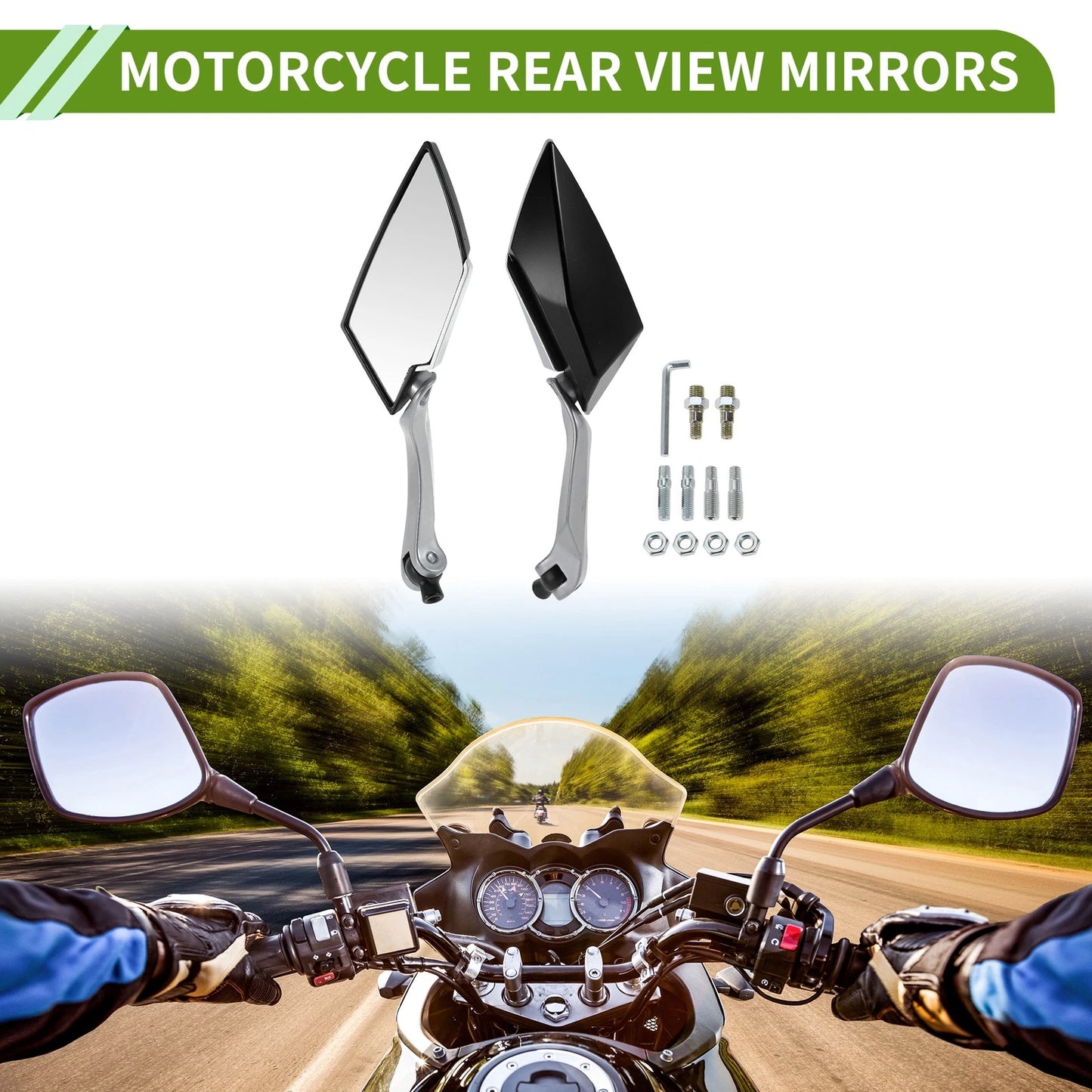M8/M10 Rear View Mirrors Prismatic Silver Tone Black Plastic for Motorcycle