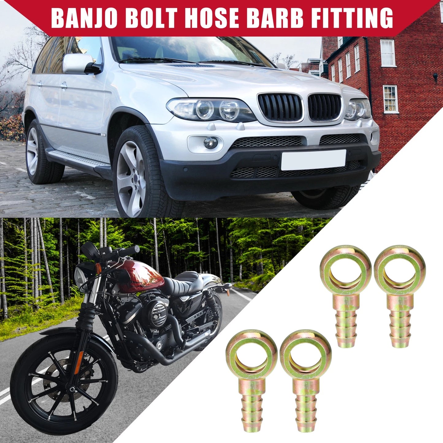 4 x Banjo Bolt Hose Barb Fitting 16mm ID 12mm OD for Car Motorcycle Metal