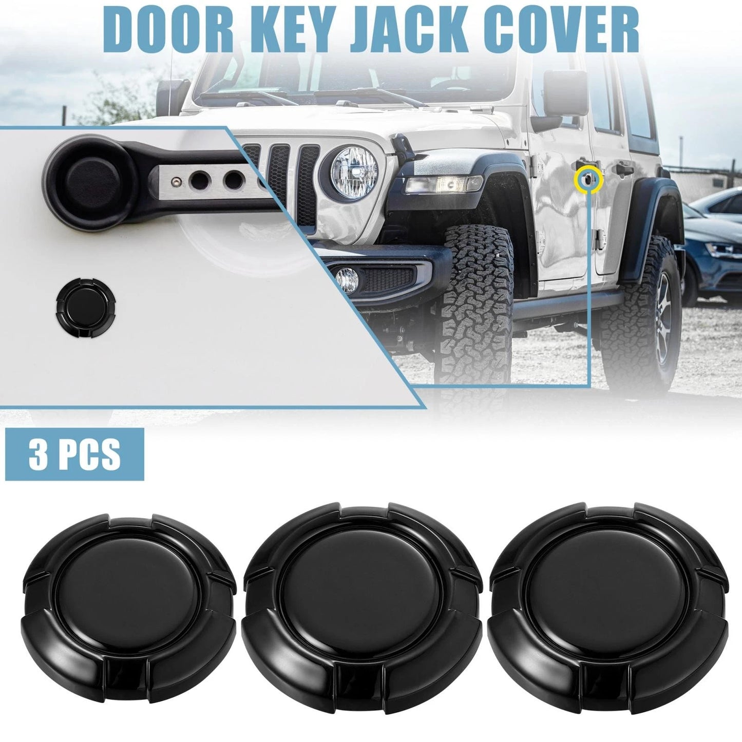 3 x Car Door Key Jack Covers for Jeep Wrangler JL JLU (2018-2022) Glossy Black