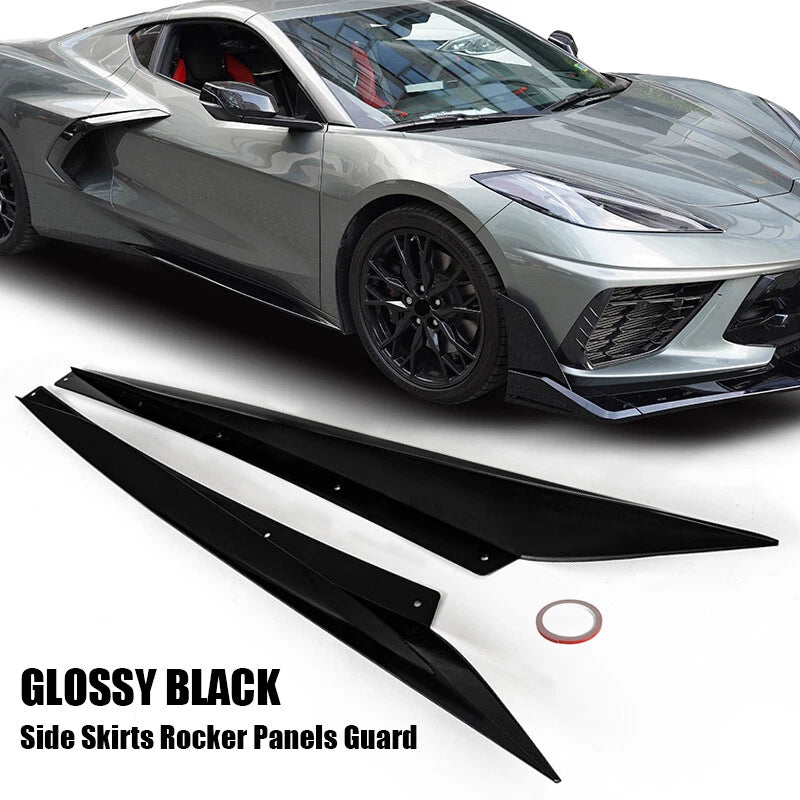 Gloss Black Side Skirts 2 x For Corvette C8 Z51 Rocker Panels 2020-2023