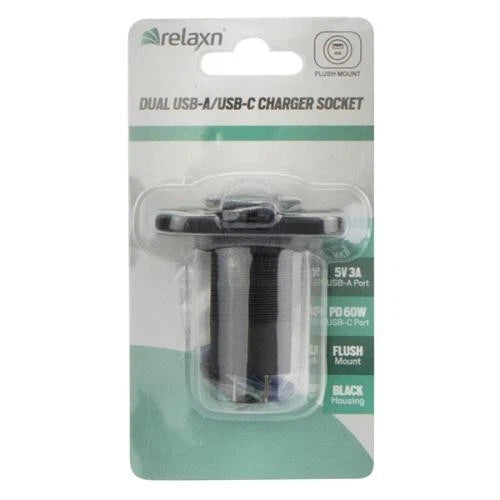 Power Socket Twin USB-A/USB-C Flush Mount Black 12V/24V for Relaxn