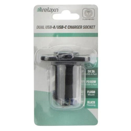 Power Socket Twin USB-A/USB-C Flush Mount Black 12V/24V for Relaxn