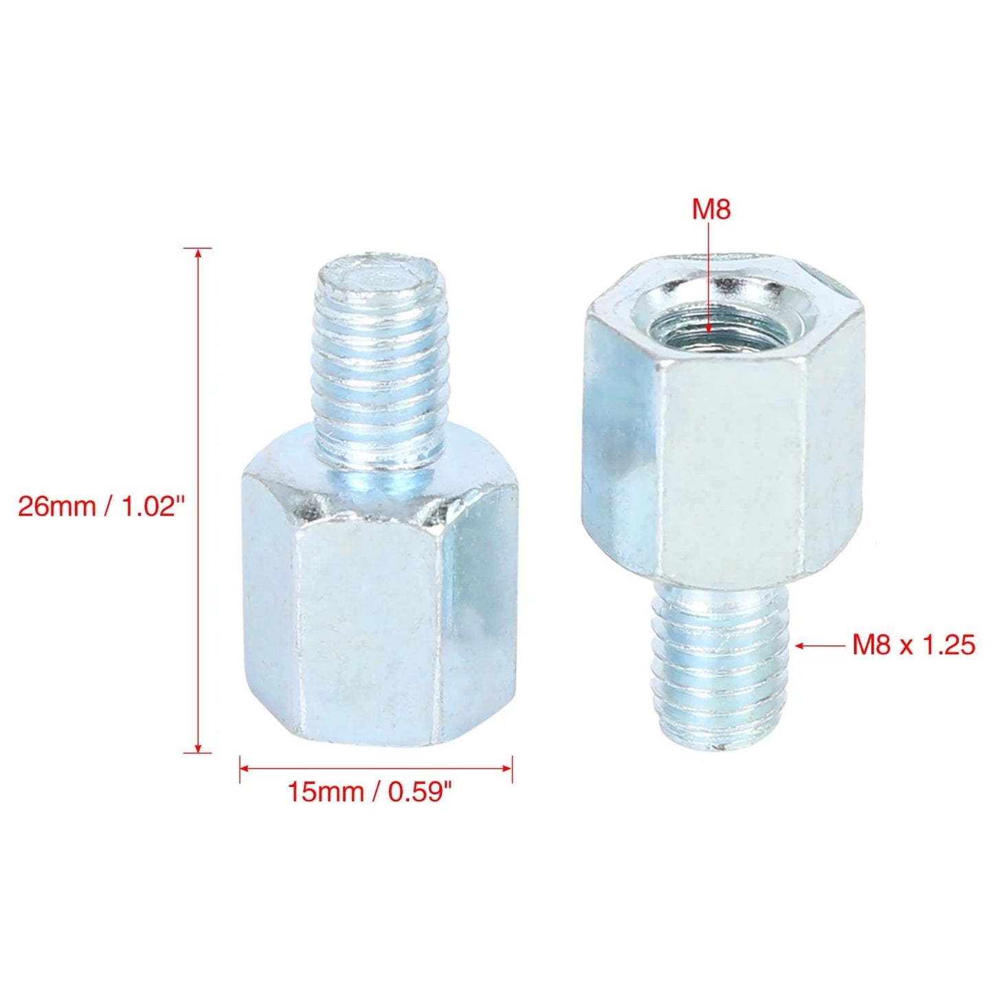 2 x 8mm RH to 8mm RH Rearview Mirror Adapters Silver Tone for Motorcycle