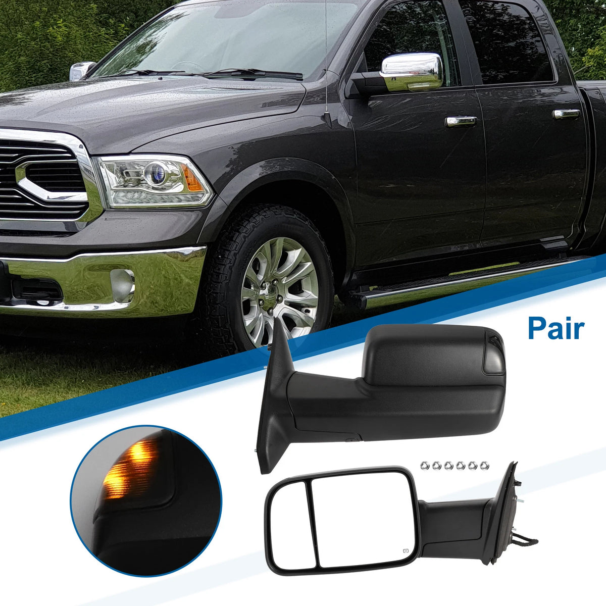 Tow Mirrors for Dodge Ram 1500 with Turn Signal Light Black 2 x (2009-2018)